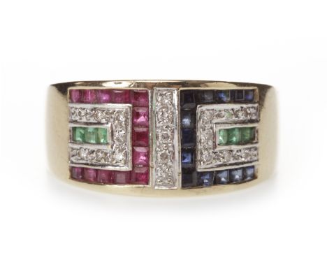 NINE CARAT GOLD DIAMOND, SAPPHIRE AND RUBY  SET BAND11mm wide, set with square step cut rubies, diamonds and emeralds, inters