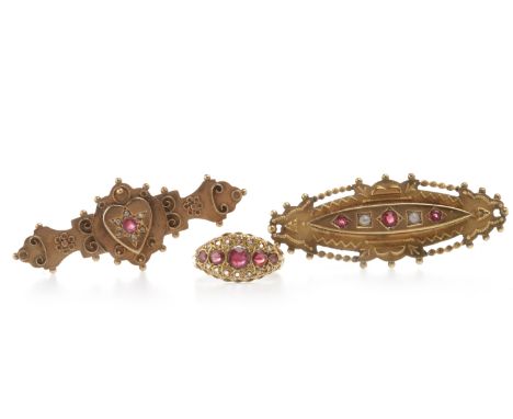 TWO VICTORIAN BROOCHESone in nine carat gold and with pink gem stones interspaced by two pearls, 46mm long, 3.8g; the other a