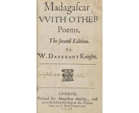 Davenant (William). Madagascar; with Other Poems, 2nd edition, printed for Humphrey Moseley, 1648, woodcut ornaments, some mi