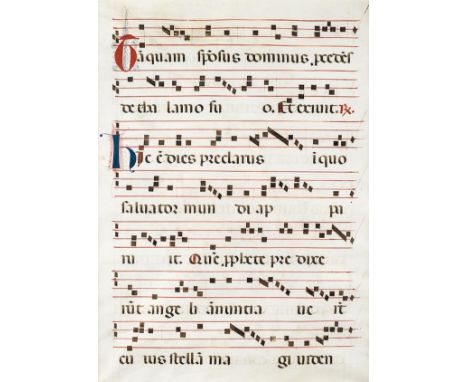 *Antiphonal. A manuscript leaf from an antiphonal, including the Epiphany chant "Hic est dies praeclarus in quo salvator mund