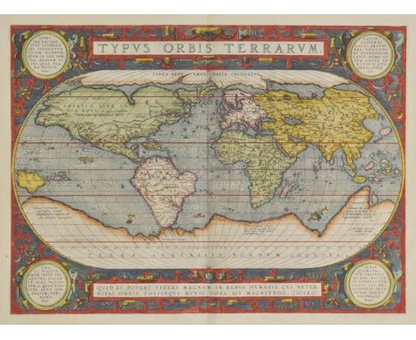 World. Ortelius (Abraham), Typus Orbis Terrarum, published Antwerp, [1592], hand coloured engraved map with ornate strapwork 