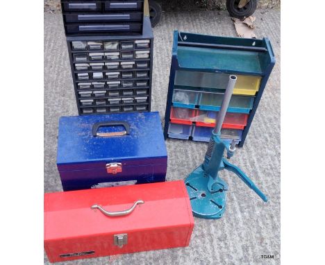 3 x multi compartment chests, a document case, a tool box and drill stand.