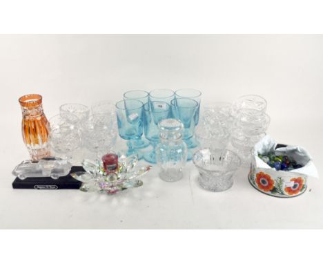 Jaguar e-type press moulded glass paperweight on plinth, together with six turquoise water glasses and assorted cut glass and