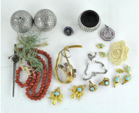 Assorted costume jewellery and collectables, including enamel photo locket, Scottish silver brooch, coral necklace and more