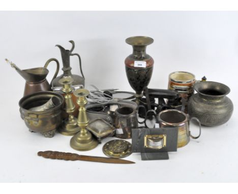 Assorted metalware and ceramics, to include Middle Eastern enamel inlaid vase, pair brass candlesticks, hip flask and more