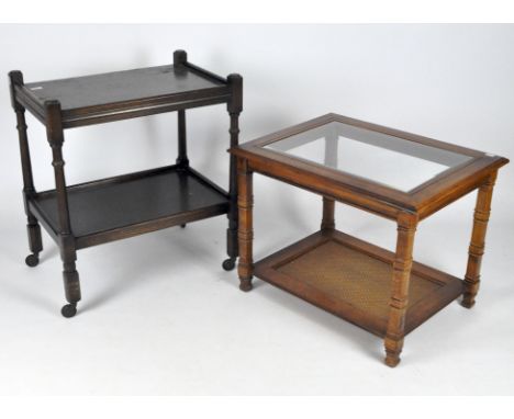 A vintage dark stained oak food trolley on turned supports and casters, 73cm x 64cm x 44cm, together with a contemporary coff