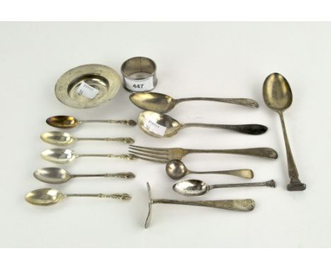 A collection of silver flatware, including a set of six teaspoons with hoof finials, hallmarked London, 1927, a napkin ring, 