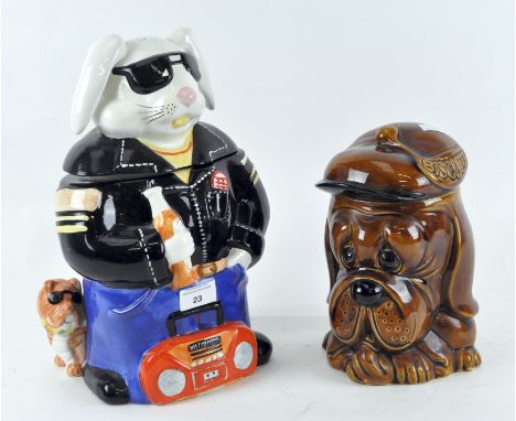 Two novelty ceramic biscuit barrels, one depicting a rabbit, by Rayware housewares, the other a dog, the largest measuring 33