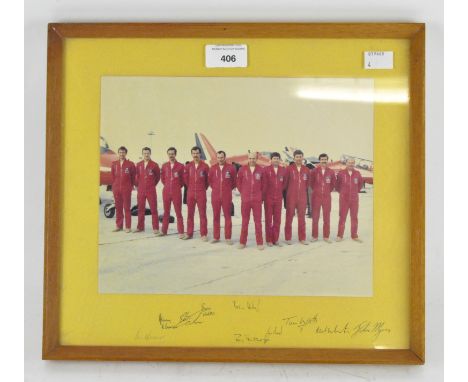 A limited edition photographic print of the Red Arrows team, year 1981, with ten signatures on the mount, annotated to the ba