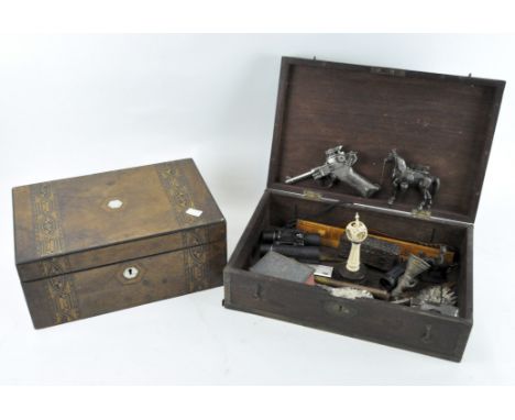 A late 19th century walnut writing slope, decorated with inlaid parquetry decoration, 35cm wide (AF) together with another wo