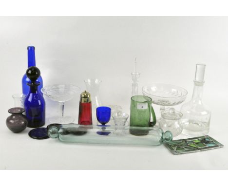 Assorted glassware, to include a light green glass rolling pin, stained glass panel, blue glass decanter and more 