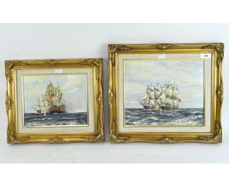 R Bramley, two framed oil on boards depicting seascapes, masted ships at battle, signed to bottom left, mounted in gilt frame
