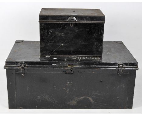 A large metal storage travelling trunk, 36cm x 90cm, together with a smaller storage box