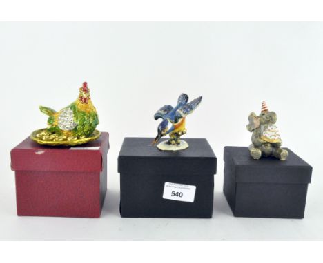 Three enamelled trinket boxes modelled as an elephant, chicken and bird, all boxed