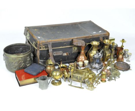 A vintage brown leather trunk, together with a selection of metalware including a pair of brass vases, copper beakers, silver