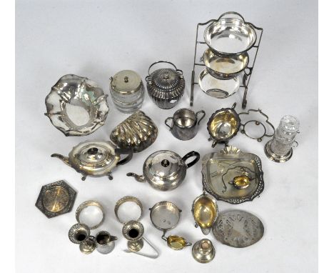A collection of assorted silver plated wares, to include a cut glass silver plate mounted biscuit barrel, tea set, silver squ