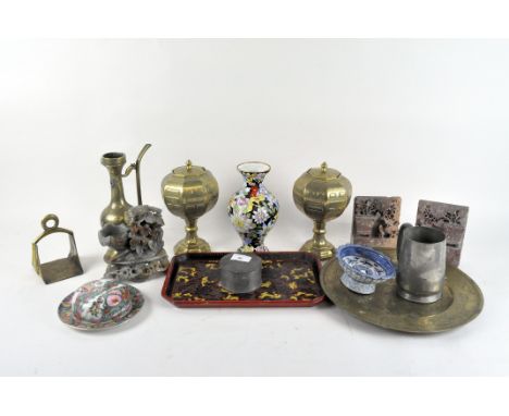 A collection of Chinese metalware including a carved dish and a lidded pot, together with a pair of soapstone bookends, ename