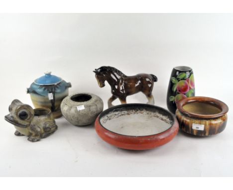 A selection of assorted ceramics, to include a glazed ceramic frog, figure of a shire horse, bowls and more