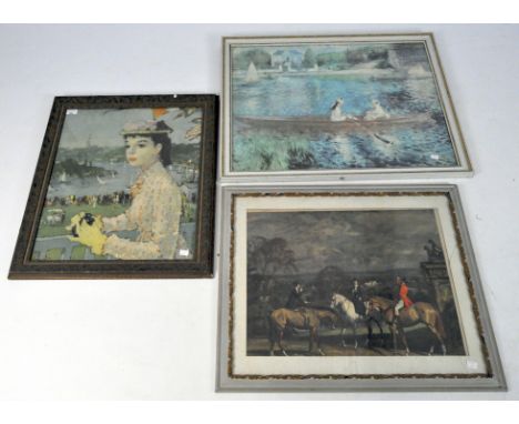 A group of three pictures and prints, including a landscape and portrait in the style of Renoir and a traditional British hun