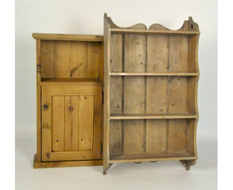 A 20th Century pine shelving unit, four tiers with a shaped edge, 95cm x 54cm x 15cm, together with a pine wall unit, a shelf