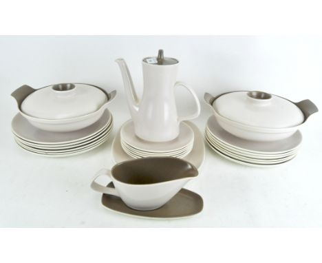 Poole cream and mushroom part coffee and dinner service, circa 1960-70, printed blue marks, comprising: two circular tureens 