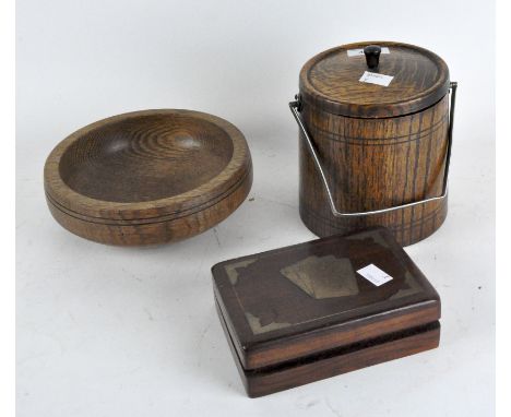 An oak lidded biscuit barrel with ceramic liner, height 16.5cm, a turned oak bowl and a mahogany playing card box