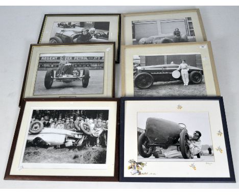 A group of six black and white vintage automobile photographs, each mounted in frames, most glazed