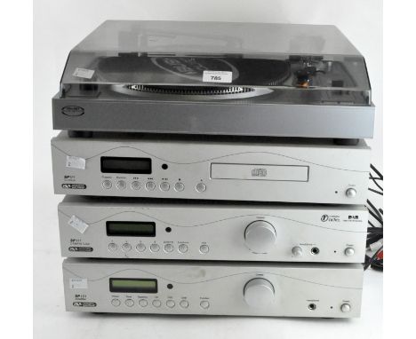 A four piece Hi Fi unit, comprising a Bush accoustics turntable, Accoustic Solutions SP121 CD player, SP111 DAB/FM tuner and 