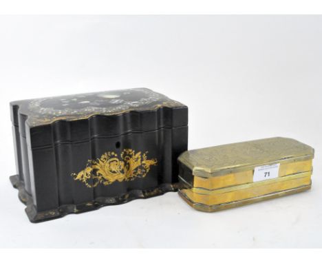 A Victorian papier mache tea caddy with mother of pearl inlay, height 12cm, together with a brass cigar box with engraved dec