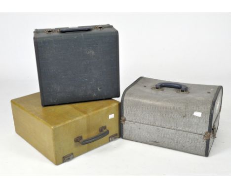 Three vintage lighting and musical equipment carry cases, of varying sizes, 36cm x 33cm