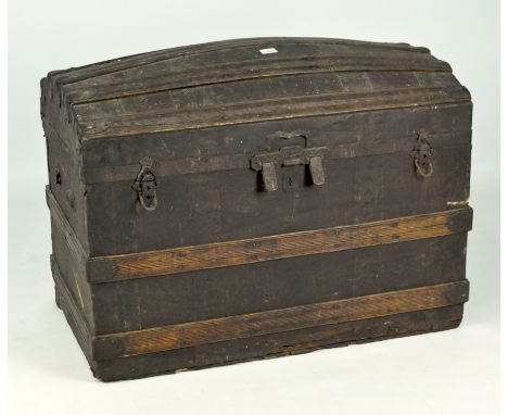 A Victorian dome topped trunk, wooden bound, with two clasps to the front, 65cm x 92cm x 50cm