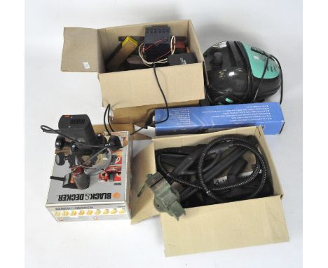 A box of mixed tools and a Morphy Richards Grime Buster steamcleaner 2200, including a photo/video tripod, a Black and Decker