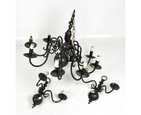 An eight branch Dutch style black painted metal chandelier, height 57cm, together with a matching pair of two-light wall scon