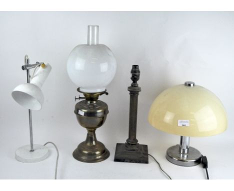 A group of four table lamps, to include a Duplex oil lamp with white glass shade and clear glass funnel, chrome art deco styl