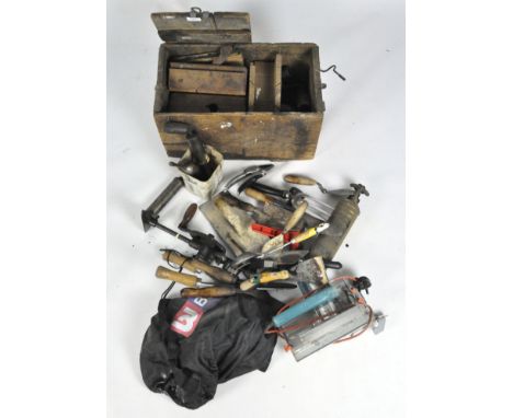 A large selection of assorted tools, to include planes, trowel and others, including a wooden storage box