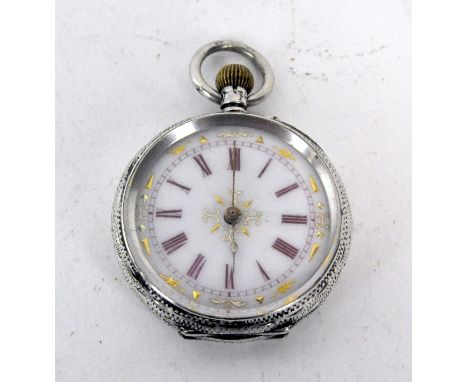 A Continental 935 grade silver fob watch, the enamel dial with Roman numerals denoting hours, bordered by gilt motifs