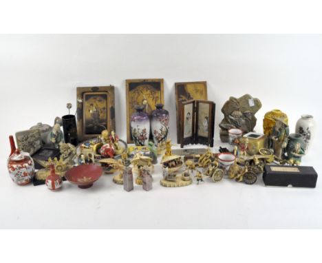 A large quantity of Chinese and Japanese collectables, including a pair of cloisonne enamel vases, a Japanese Satsuma lidded 