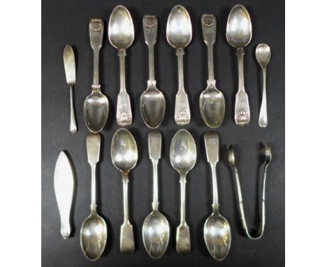 A collection of silver flatware, including a group of late Georgian teaspoons, fiddle, thread and shell pattern, with initial