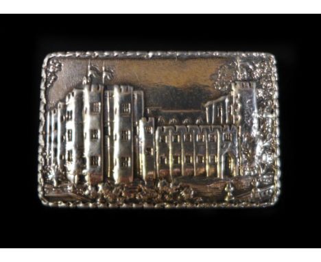 An early Victorian silver castle top vinaigrette, by Nathaniel Mills, of rectangular form with raised foliate borders and rib