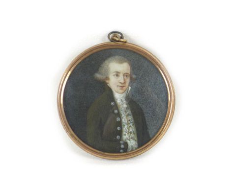 A portrait miniature pendant with yellow metal surround, of circular form, with interlocked hearts and 'MJ' monogram verso, 3