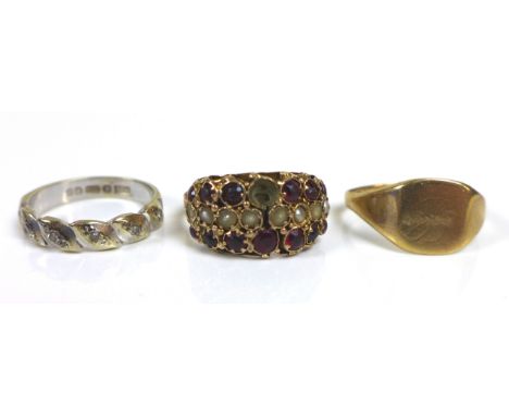 Three 9ct gold rings, comprising a signet ring with blank cartouche, size L, 1.4g, six stone diamond white gold ring, illusio