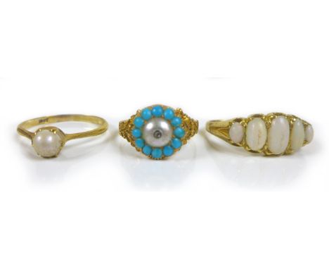 Three yellow metal dress rings, comprising a diamond, pearl and turquoise cluster ring, size L, a five stone opal style stone