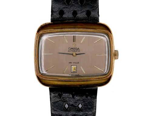 A vintage Omega De Ville gold plated gentleman's wristwatch, rectangular silvered dial with gold and black index batons, blac