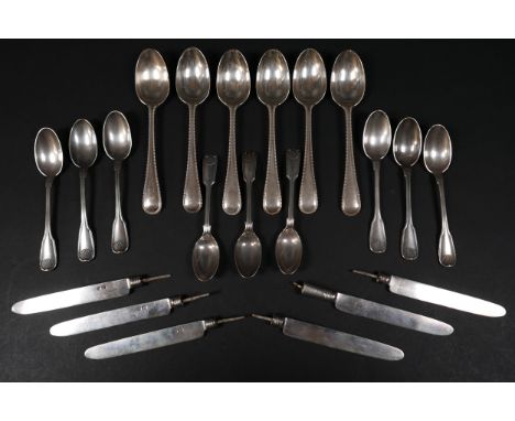 A collection of Georgian and later silver flatware, comprising a set of six fruit knife blades, 3.19toz gross, a set of six b