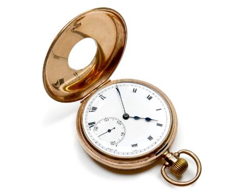 A George V 9ct gold half hunter pocket watch, circa 1926, keyless wind, the white enamel dial with black Roman numerals, minu