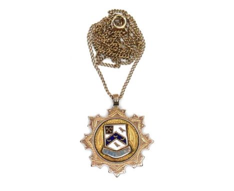 A 9ct gold chain necklace and a 9ct gold Kettering sporting medallion, inscribed verso 'K &amp; D. F.C. Champions 1925-6', ne