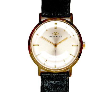 A vintage Movado 9ct gold cased gentleman's wristwatch, circular silvered dial with gold baton markers, gold hands, subsidiar