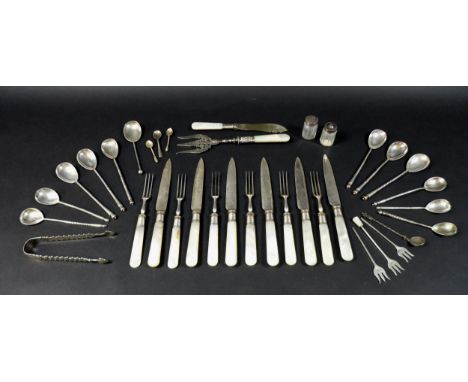 A collection of Russian silver, comprising a eleven rope twist handles, Stepan Levin, Moscow, 1895, marked '84' grade siver, 