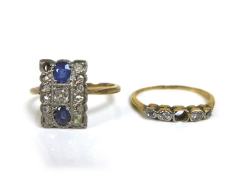 An Art Deco diamond and sapphire cluster ring, with eleven round cut diamonds (one missing), each approximately 1.5mm diamete