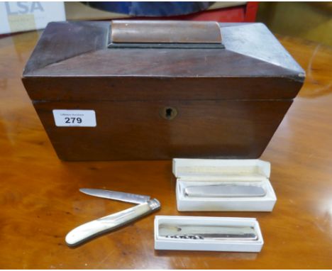 Sarcophagus tea caddy together with a collection of fruit knives 